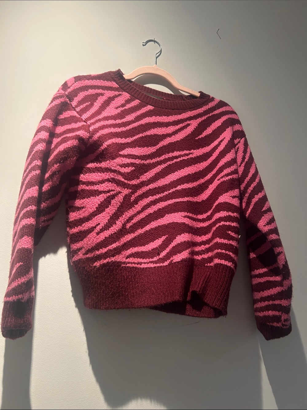 Pink and Burgundy Zebra-Print Crewneck Sweater